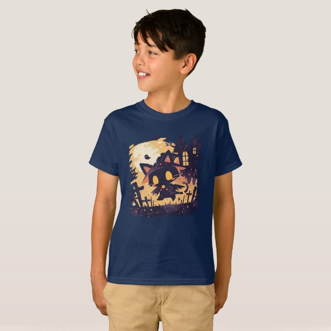 Witch Black Cat på Halloween Natt T Shirt (Hel framsida)