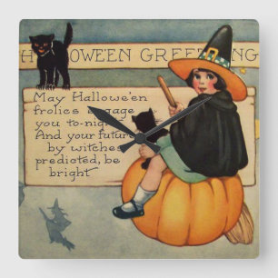 Witch Black Cat Pumpkin Crescent Måne Fyrkantig Klocka