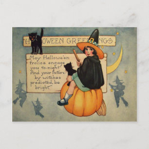 Witch Black Cat Pumpkin Crescent Måne Vykort
