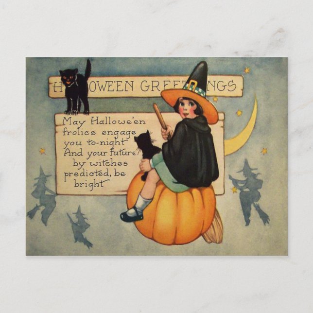 Witch Black Cat Pumpkin Crescent Måne Vykort (Framsida)