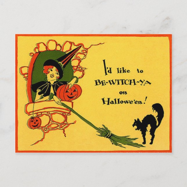 Witch Black Cat Pumpkin Vintage Halloween Vykort (Framsida)
