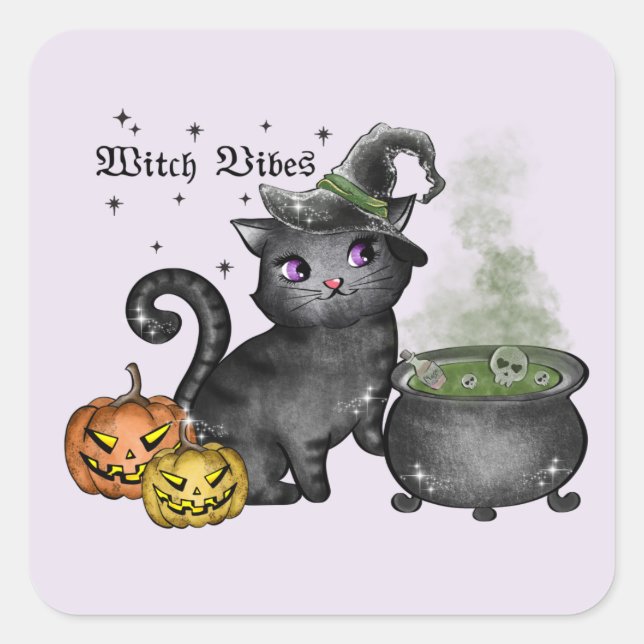 Witch Black Cat | Witch Vibes Fyrkantigt Klistermärke (Framsida)