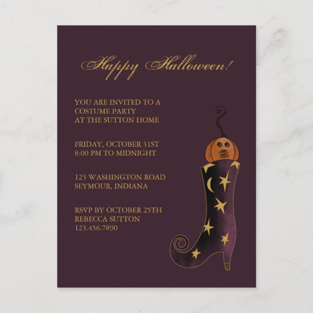Witch Boot & Pumpkin ・ Halloween-inbjudan Inbjudan Vykort (Framsida)