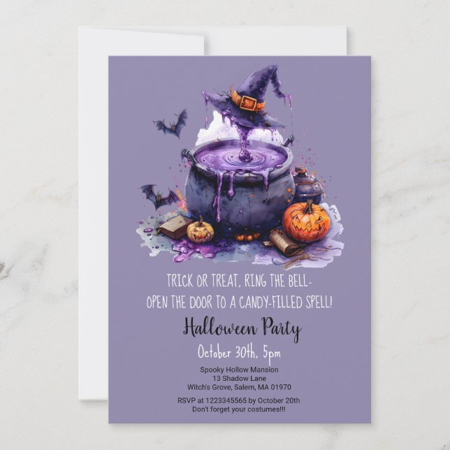 Witch Brew Bus eller godis Pumpkins Halloween fest Inbjudningar (Framsida)