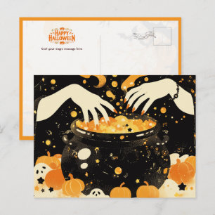 Witch Brewing Magic in Halloween Cauldron Helg Vykort