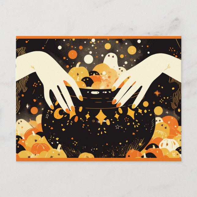 Witch Brewing Magic in Halloween Cauldron Vykort (Framsida)
