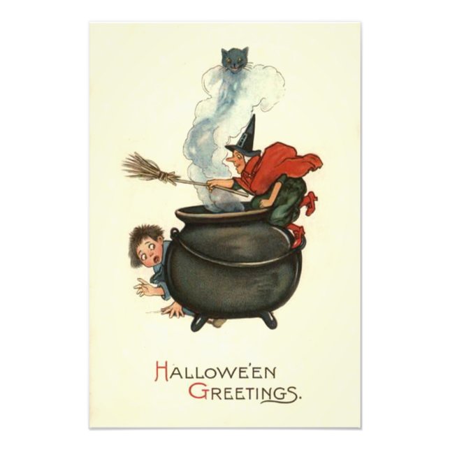Witch Broom Black Cat Cauldron Smoke Fototryck (Framsidan)