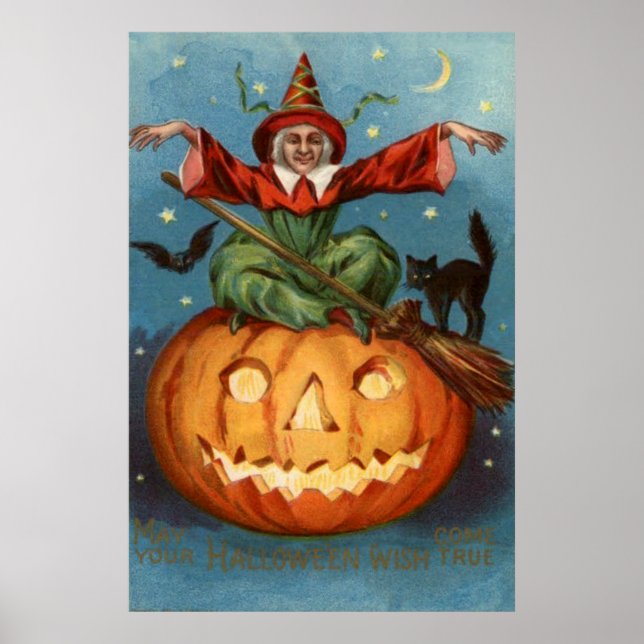 Witch Broom Black Cat Jack o lantern Uggla Poster (Framsidan)