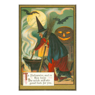 Witch Broom Cauldron Jack o lantern Fladdermus Cat Fototryck