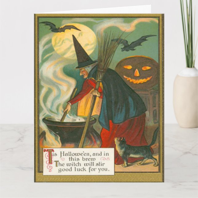 Witch Broom Cauldron Jack o lantern Fladdermus Cat Kort (Framsida)