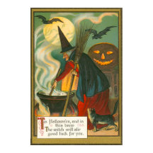 Witch Broom Cauldron Jack o lantern Fladdermus Cat