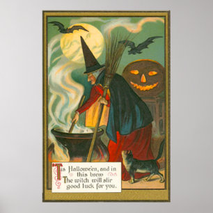 Witch Broom Cauldron Jack o lantern Fladdermus Cat Poster