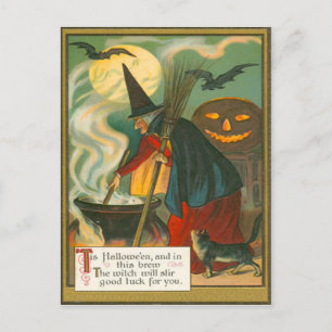 Witch Broom Cauldron Jack o lantern Fladdermus Cat Vykort