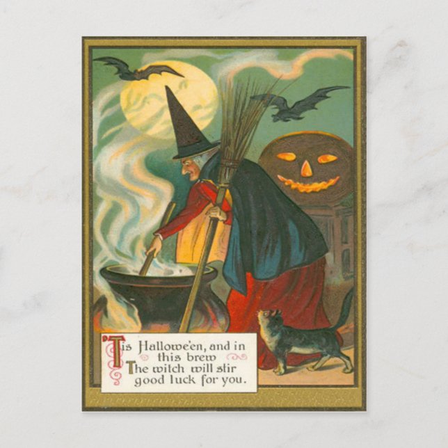 Witch Broom Cauldron Jack o lantern Fladdermus Cat Vykort (Framsida)