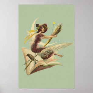Witch Broom Crescent Måne Bok Raven Poster