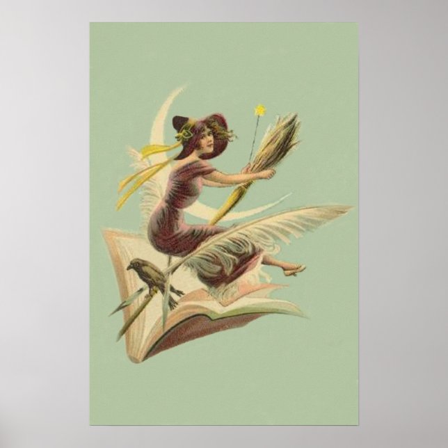 Witch Broom Crescent Måne Bok Raven Poster (Framsidan)
