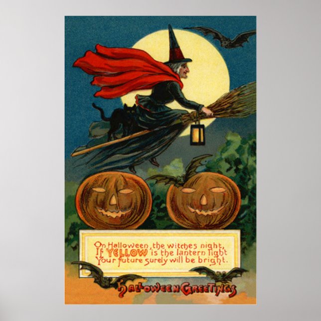 Witch Broom Flies Jack o lantern Black Cat Fladder Poster (Framsidan)