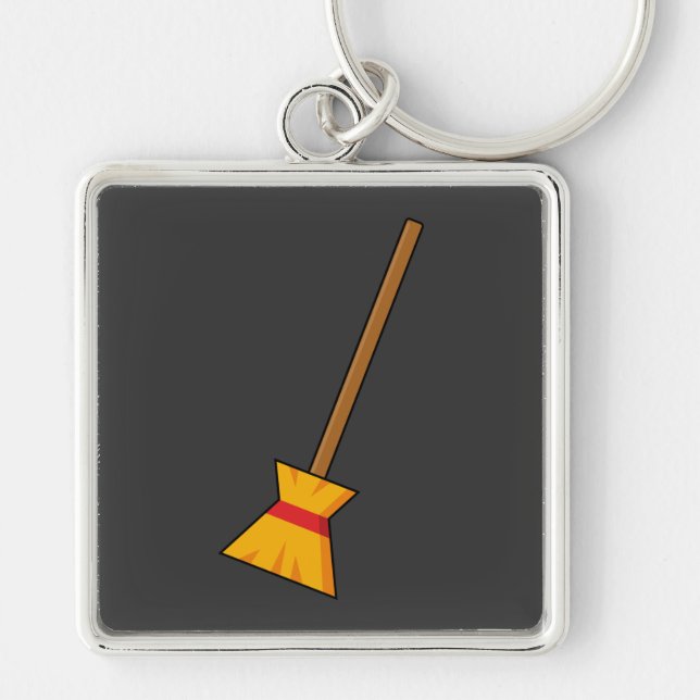 Witch Broom Fyrkantig Silverfärgad Nyckelring (Framsidan)