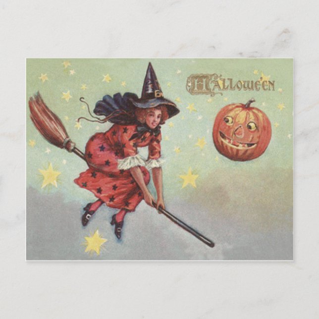 Witch Broom Jack o lantern Flies Stars Vykort (Framsida)