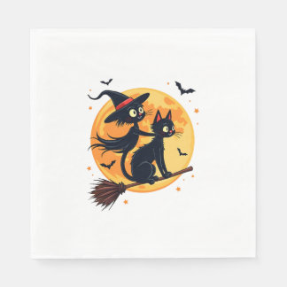 Witch Cat a Broomstick - Halloween Nattvektor Pappersservett