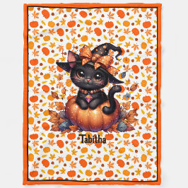 Witch Cat Add Baby Namn Cute Halloween Gräns B Fleecefilt