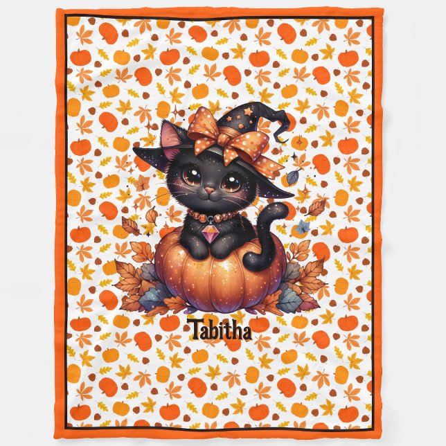 Witch Cat Add Baby Namn Cute Halloween Gräns B Fleecefilt (Skapare uppladdad)