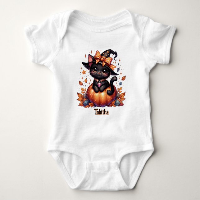 Witch Cat Add Baby Namn Cute Halloween T Shirt (Framsida)