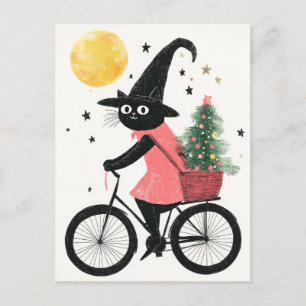 Witch Cat Cycling med Julafton Träd Quirky-jul Vykort