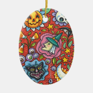 WITCH, CAT, GHOST, COLORFUL HALLOWEEN FOLK GARDEN JULGRANSPRYDNAD KERAMIK