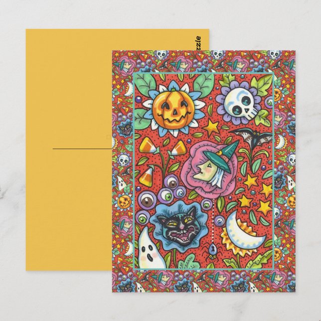 WITCH, CAT, GHOST, COLORFUL HALLOWEEN FOLK GARDEN VYKORT (Fram/baksida)