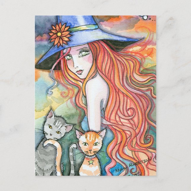 Witch Cat Halloween Art Postcard av Molly Harrison Vykort (Framsida)