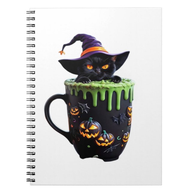 Witch Cat Halloween Coffee Mug – Cute Black Cat wi Anteckningsbok (Framsidan)