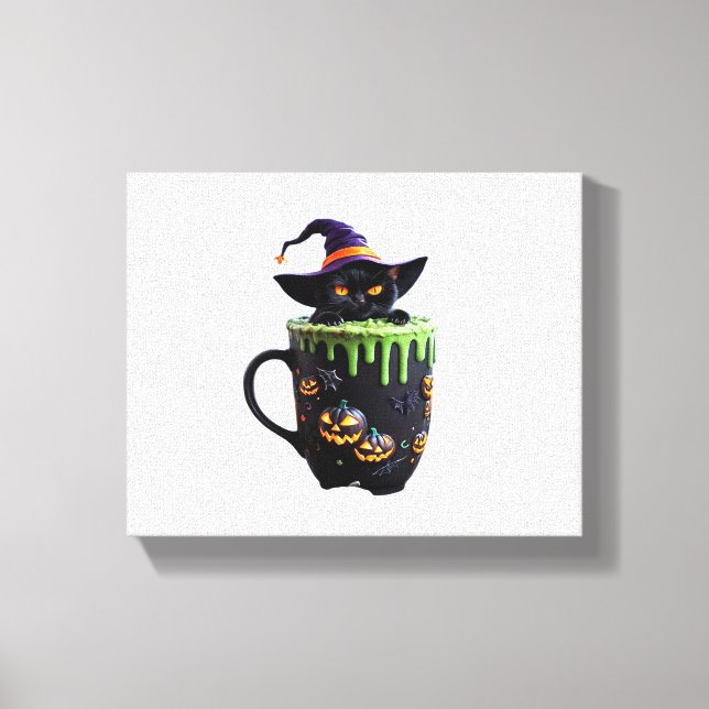 Witch Cat Halloween Coffee Mugg - Cute Black Cat w Canvastryck (Framsida)