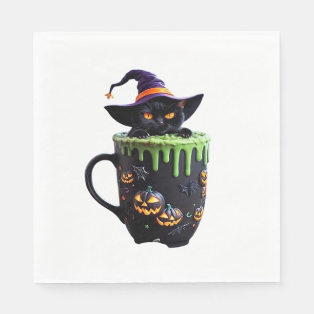 Witch Cat Halloween Coffee Mugg - Cute Black Cat w Pappersservett (Framsidan)