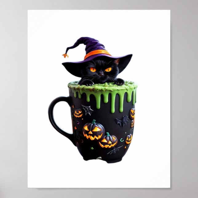 Witch Cat Halloween Coffee Mugg - Cute Black Cat w Poster (Framsidan)