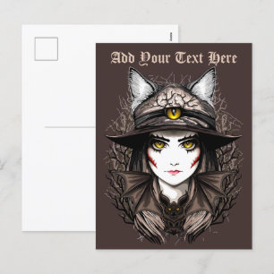 Witch Cat Halloween Creepy Cute Porträtt Helg Vykort