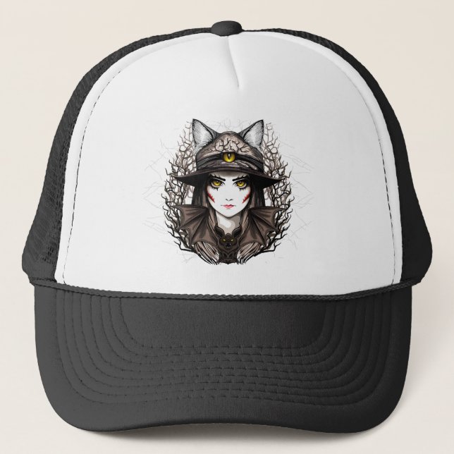 Witch Cat Halloween Creepy Cute Porträtt Keps (Framsida)