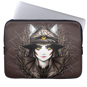 Witch Cat Halloween Creepy Cute Porträtt Laptop Fodral