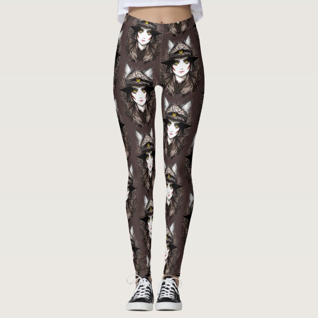 Witch Cat Halloween Creepy Cute Porträtt Leggings (Framsida)