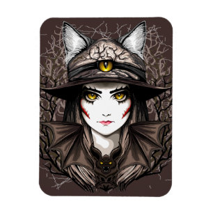 Witch Cat Halloween Creepy Cute Porträtt Magnet