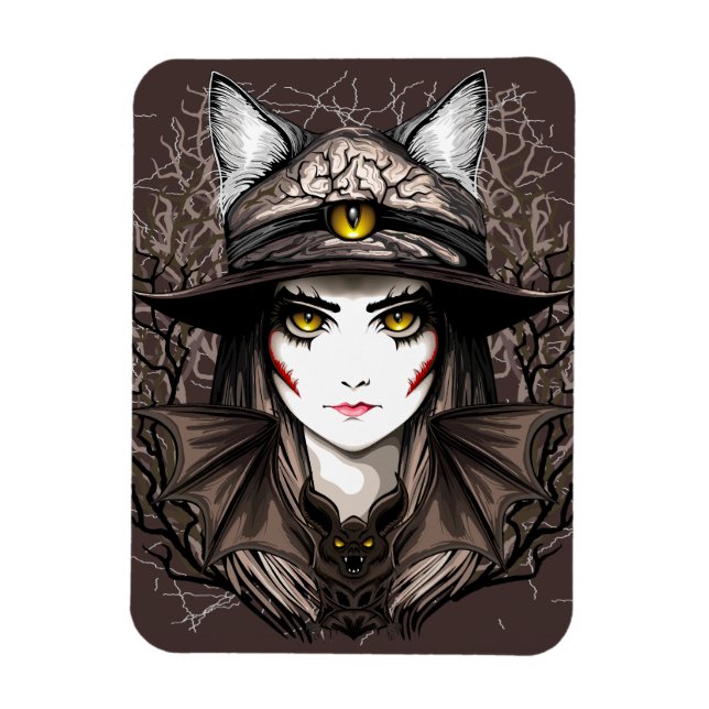 Witch Cat Halloween Creepy Cute Porträtt Magnet (Vertikal)