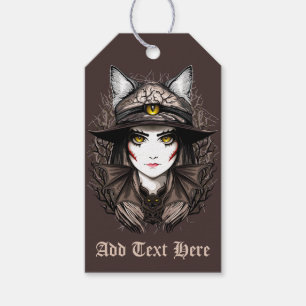 Witch Cat Halloween Creepy Cute Porträtt Presentetikett