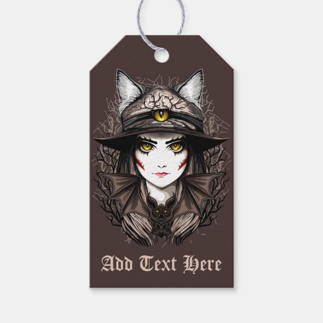 Witch Cat Halloween Creepy Cute Porträtt Presentetikett (Framsidan)