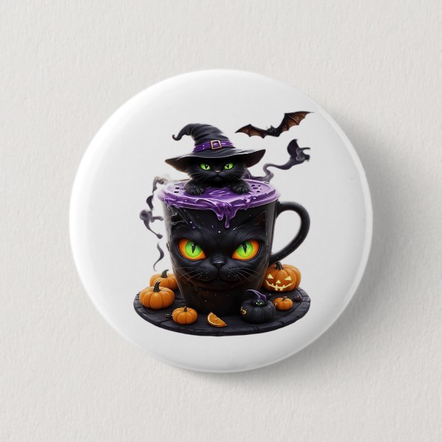 Witch Cat Halloween Latte - Creepy Cute Coffee med Knapp (Framsida)