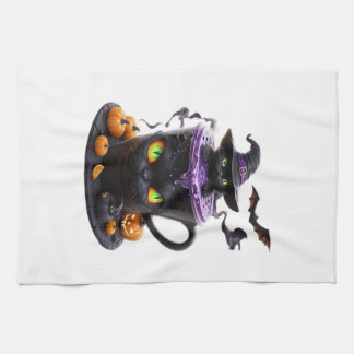 Witch Cat Halloween Latte  Creepy Cute Coffee with Kökshandduk