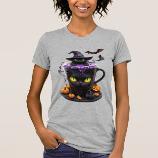 Witch Cat Halloween Latte  Creepy Cute Coffee with T Shirt