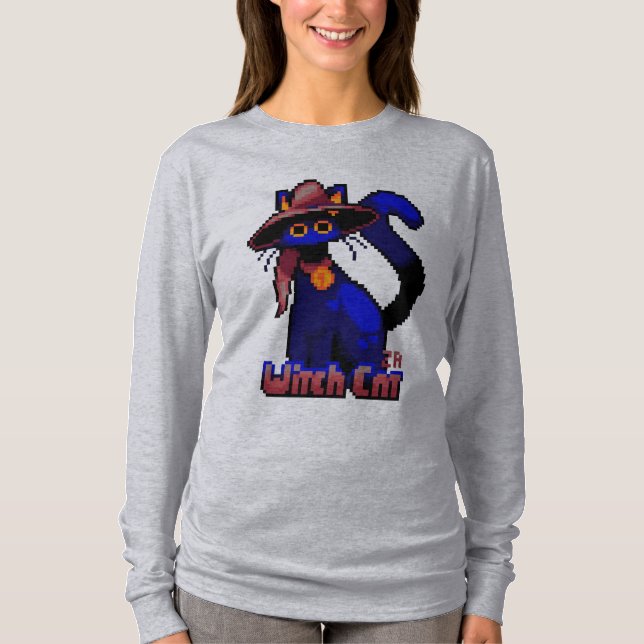 Witch Cat Halloween pixel art T Shirt (Framsida)