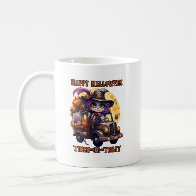 Witch Cat Halloween Trucker Kids Spooky Festive Ri Kaffemugg (Vänster)