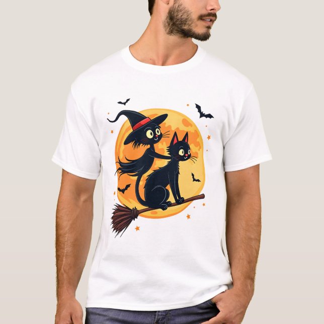 Witch Cat on a Broomstick � Halloween Night Vector T Shirt (Framsida)