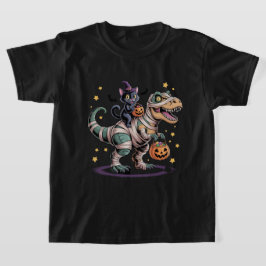 Witch Cat Riding Mummy T-Rex - Cute Halloween Dino T Shirt